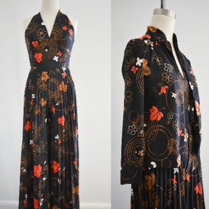 1970s Black Printed Palazzo Jumpsuit and Jacket