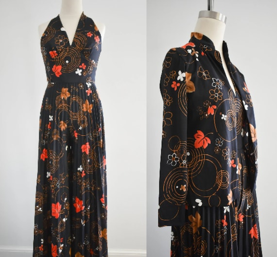 1970s Black Printed Palazzo Jumpsuit and Jacket - image 1