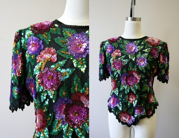 1980s Sequined Floral Blouse