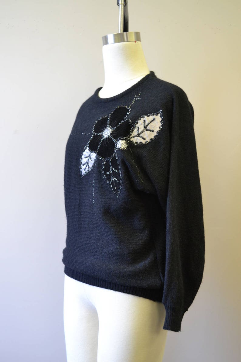1980s Black Flower Applique Sweater