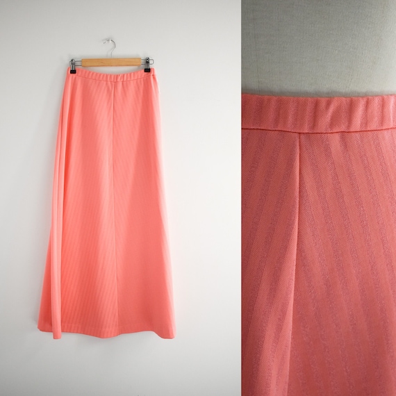 1970s Sears Coral Pink Knit Striped Maxi Skirt