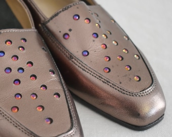 1980s California Magdesians Bronze Leather Flats with Rhinestones, Size 9N