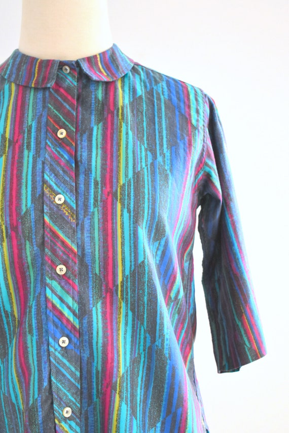 1950s/60s Diamond Striped Printed Cotton Blouse - image 3