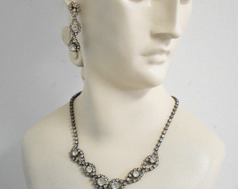 1980s Clear Rhinestone Necklace and Pierced Drop Earrings Set