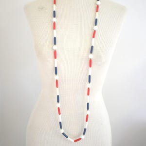 1960s Red, White, and Blue Long Plastic Bead Necklace