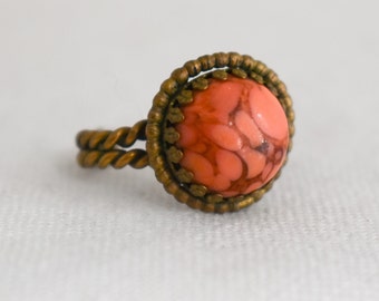 1950s West German Faux Coral and Brass Ring, Size 7 3/4