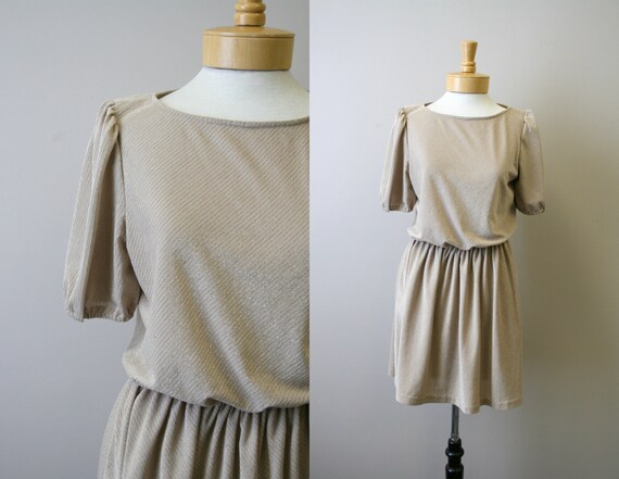 1970s Metallic Gold Striped Knit Mini Dress