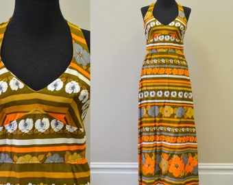 1960s Orange Striped Halter Maxi Dress