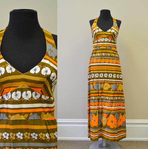 1960s Orange Striped Halter Maxi Dress - image 1