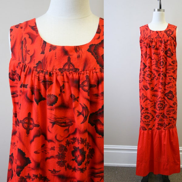 1960s Ui-Maikai Hawaiian Red Maxi Dress