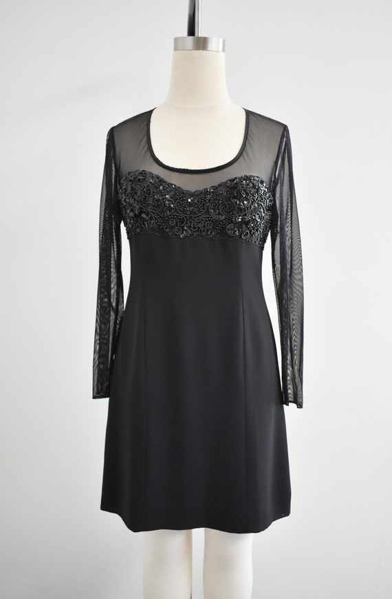 1990s Black Mesh Beaded Mini Cocktail Dress - image 3