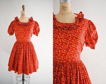 1970s Red Calico Floral Square Dance Dress