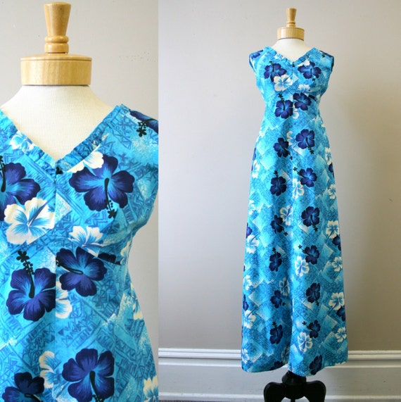 1960s Hukilau Hawaiian Turquoise Floral Maxi Dress