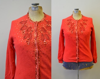 1950s Red Beaded Cardigan Sweater
