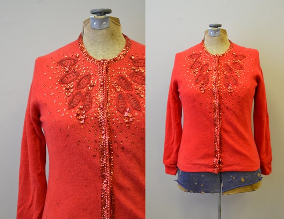 BlackbirdAntiquesNC 1950s Red Beaded Cardigan Sweater