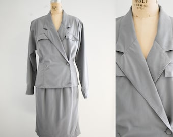 1980s Tahari Gray Wool Skirt Suit