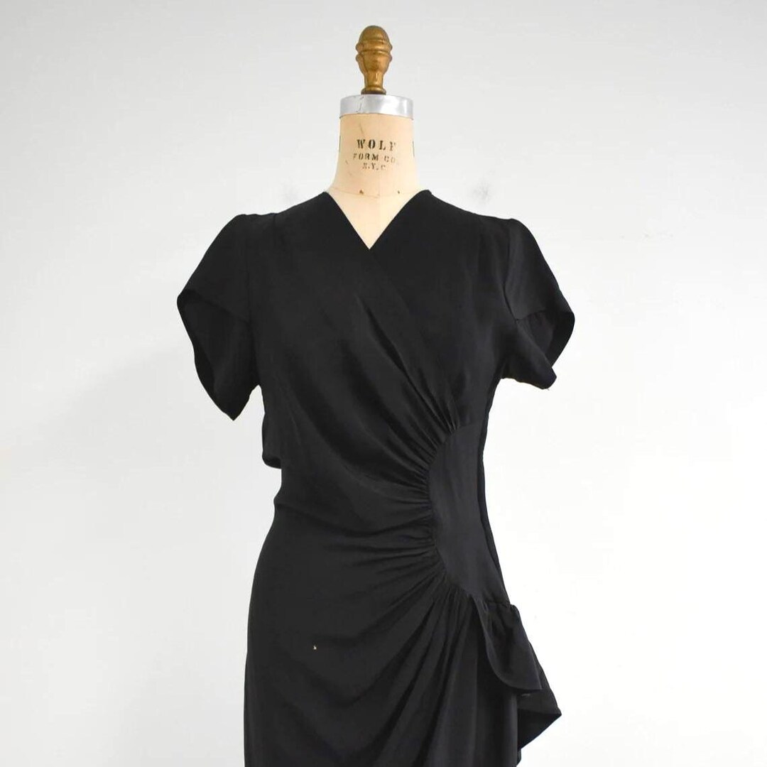 Vintage 1940s Black Embroidered Crepe Dress