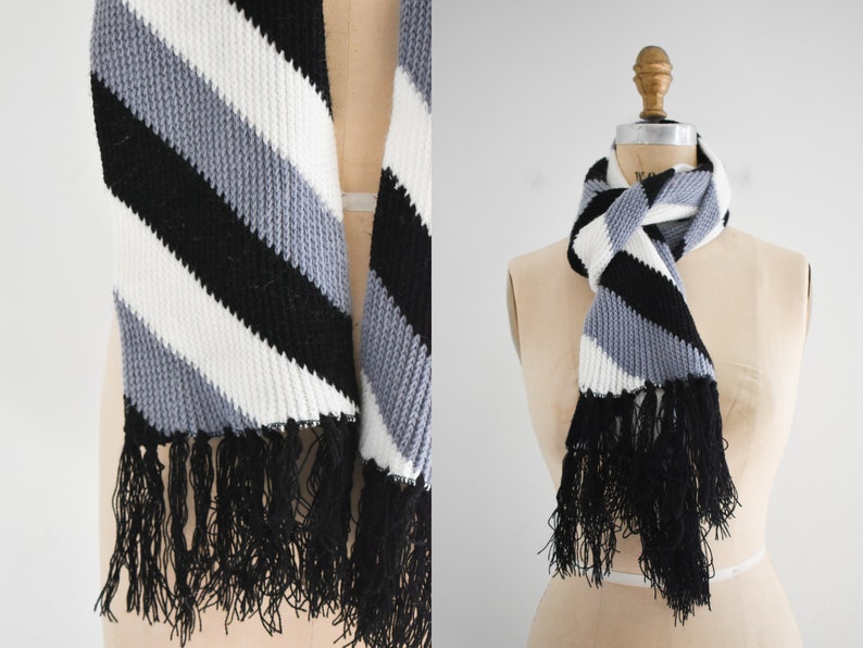 1960s/70s Gray, Black, and White Striped Sweater Knit Scarf image 2