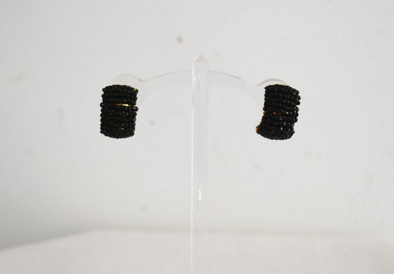 1950s Black Beaded Half Hoop Screw Back Earrings - image 5