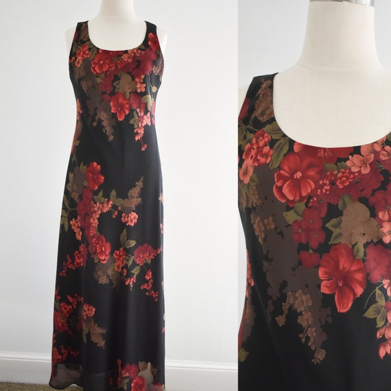 1990s Black and Red Floral Maxi Dress - image 1