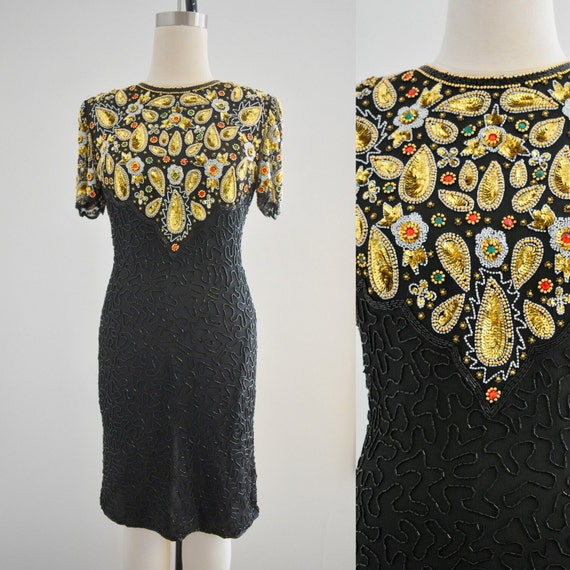 1990s Beaded and Sequin Cocktail Dress - image 1