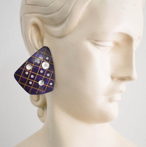 1980s Dark Purple Lucite and Rhinestone Pierced Ea