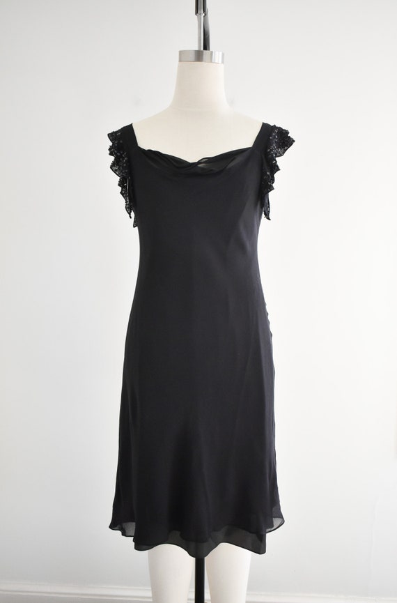 1990s Black Silk Chiffon Dress with Sequin Flutte… - image 3