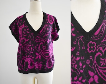 1980s Hot Pink and Black Paisley Sweater