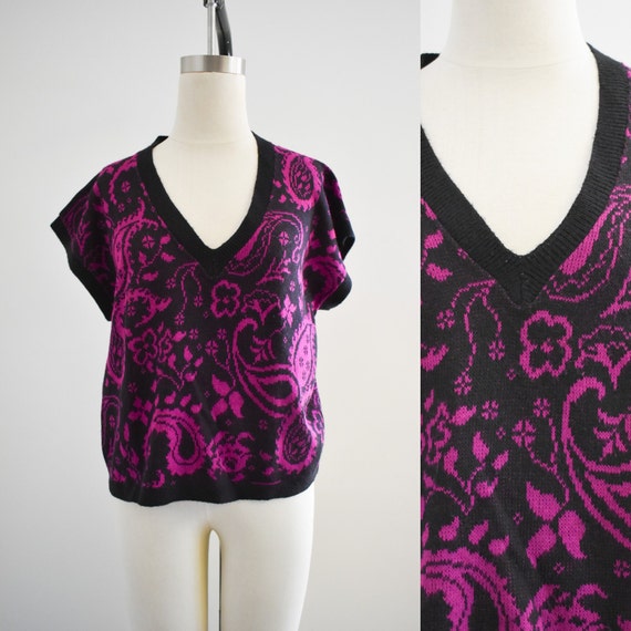 1980s Hot Pink and Black Paisley Sweater - image 1