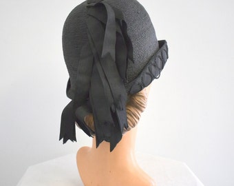 1920s Black Straw Cloche Hat with Cascading Ribbon Trim