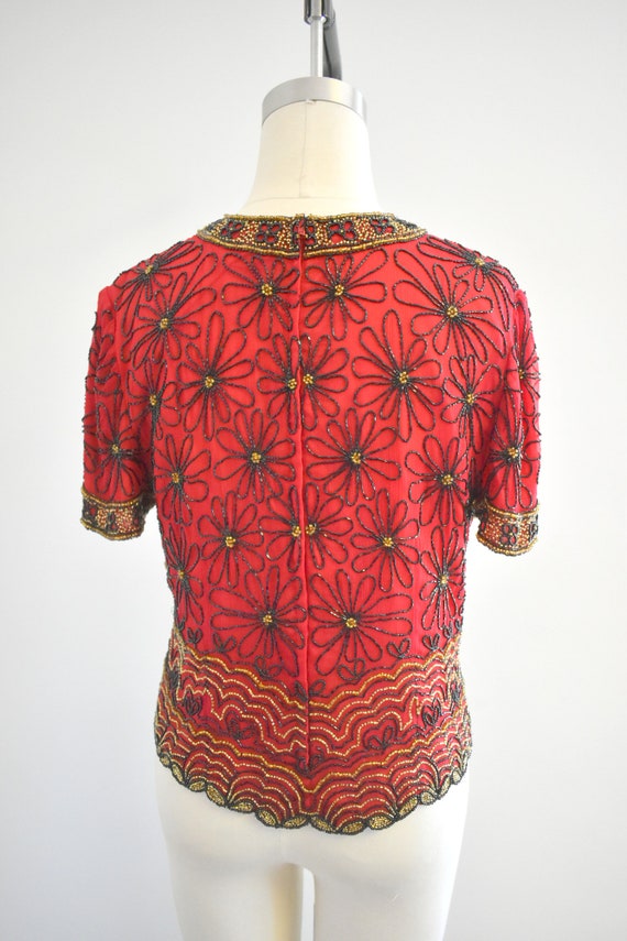 1990s Red Daisy Beaded Blouse - image 5