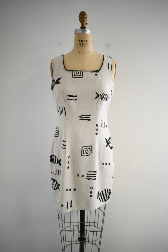 1990s Beige and Black Abstract Sheath Dress - image 2