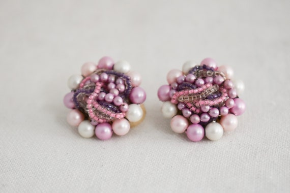 1950s/60s Pink and Purple Beaded Necklace and Cli… - image 3