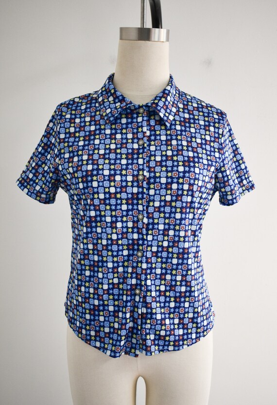 1990s/Y2K Blue Floral Knit Shirt - image 2