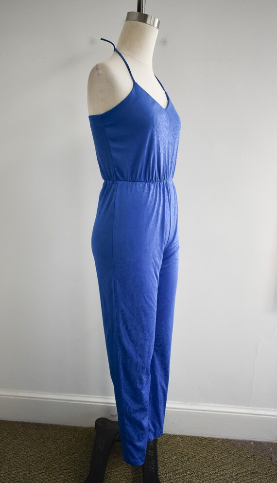 1970s Royal Blue Floral Knit Jumpsuit - image 5