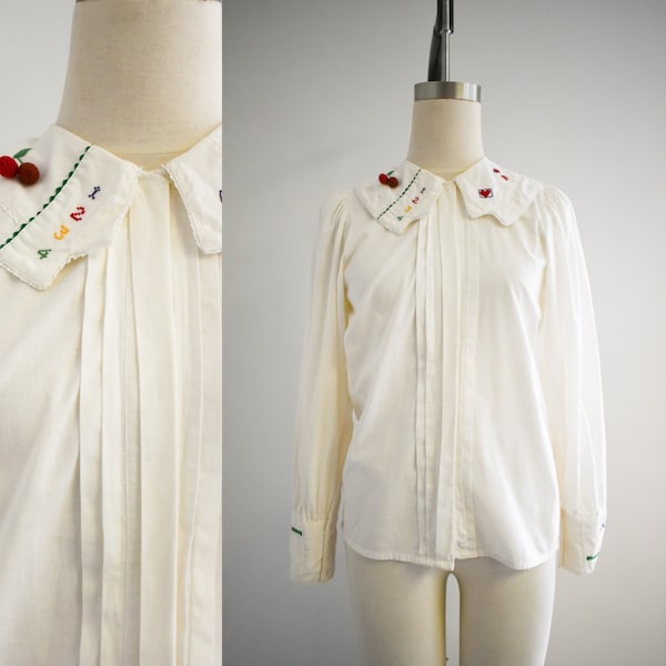 1980s White Cotton Blouse with Stitched Accents