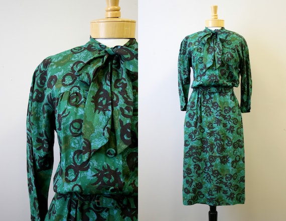 1940s Nelly Don Green Printed Dress