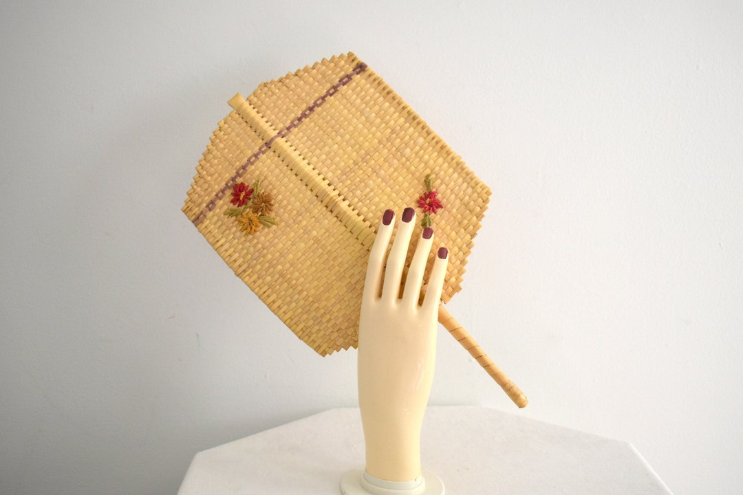 Vintage Wicker Hand Fan With Floral Stitching Etsy