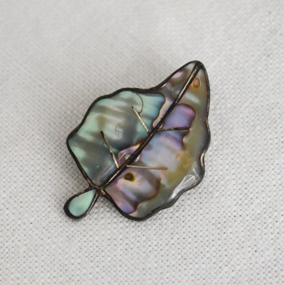 1940s Mexican Sterling and Abalone Leaf Brooch - image 1