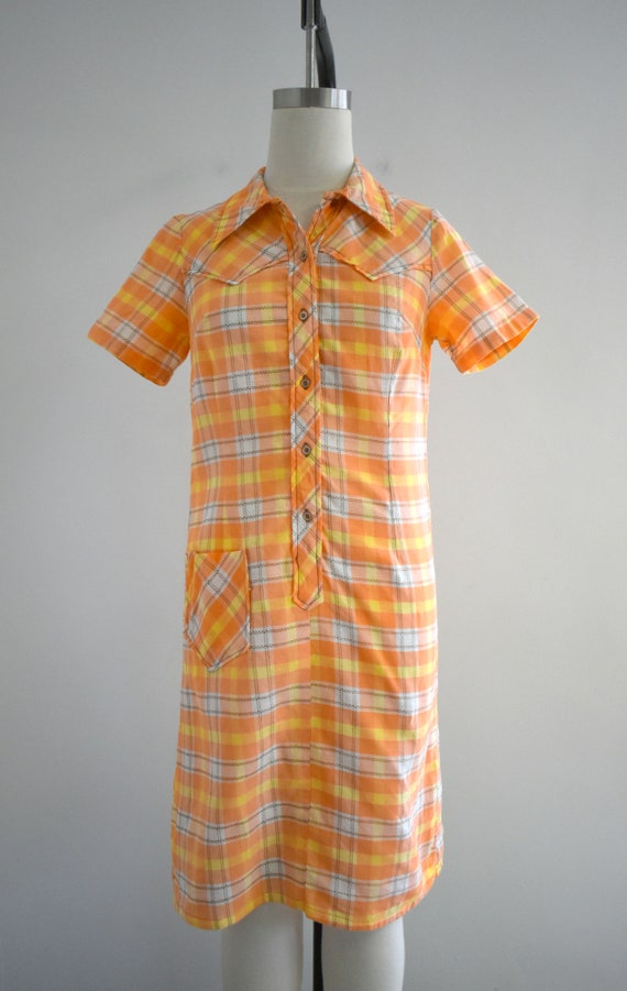 1970s Western Style Orange Plaid Shirt Dress - image 3