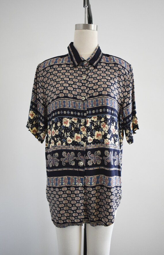 1980s Navy Printed Rayon Blouse - image 3