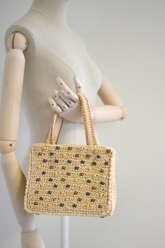 1960s Magid Cream Crochet Handbag with Wooden Bea… - image 3