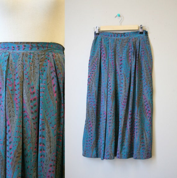 1980s Feather Print Pleated Midi Skirt