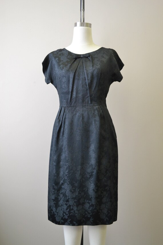 1950s Black Floral Satin Brocade Wiggle Dress - image 3