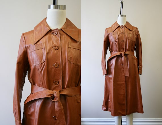 1970s Brown Leather Trench Coat
