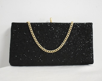 1950s Jacqueline Black Glitter Clutch Purse