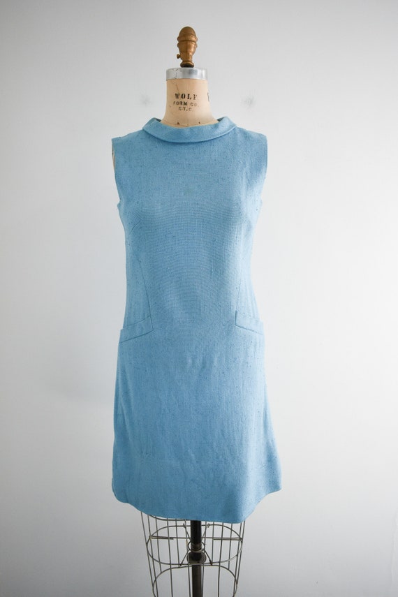 1960s Blue Linen Shift Dress - image 3