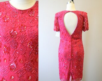 1990s Pink Lace and Sequins Cocktail Dress