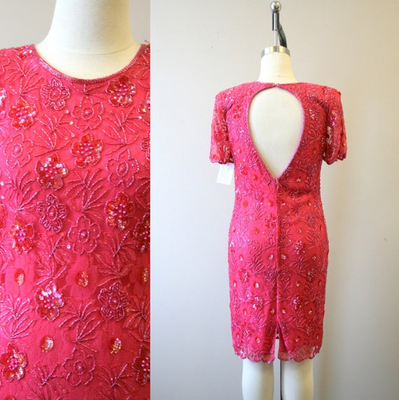 1990s Pink Lace and Sequins Cocktail Dress