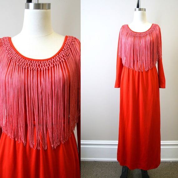 1960s Red Fringed Maxi Dress - image 1